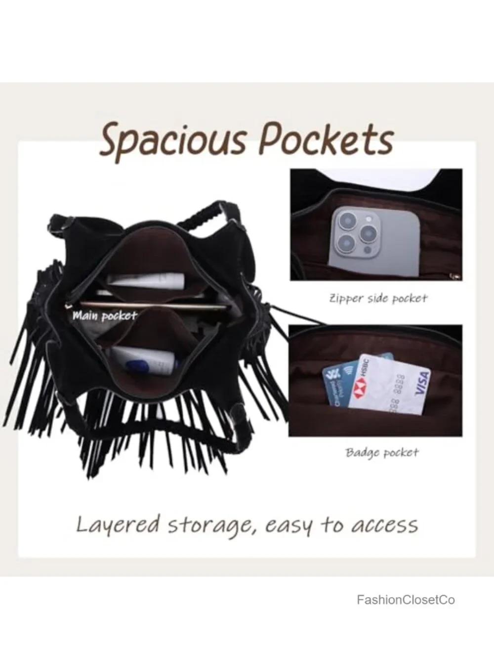 Vegan Faux Suede Leather Fringe Hobo Shoulder Bag with Woven Pattern Tassel